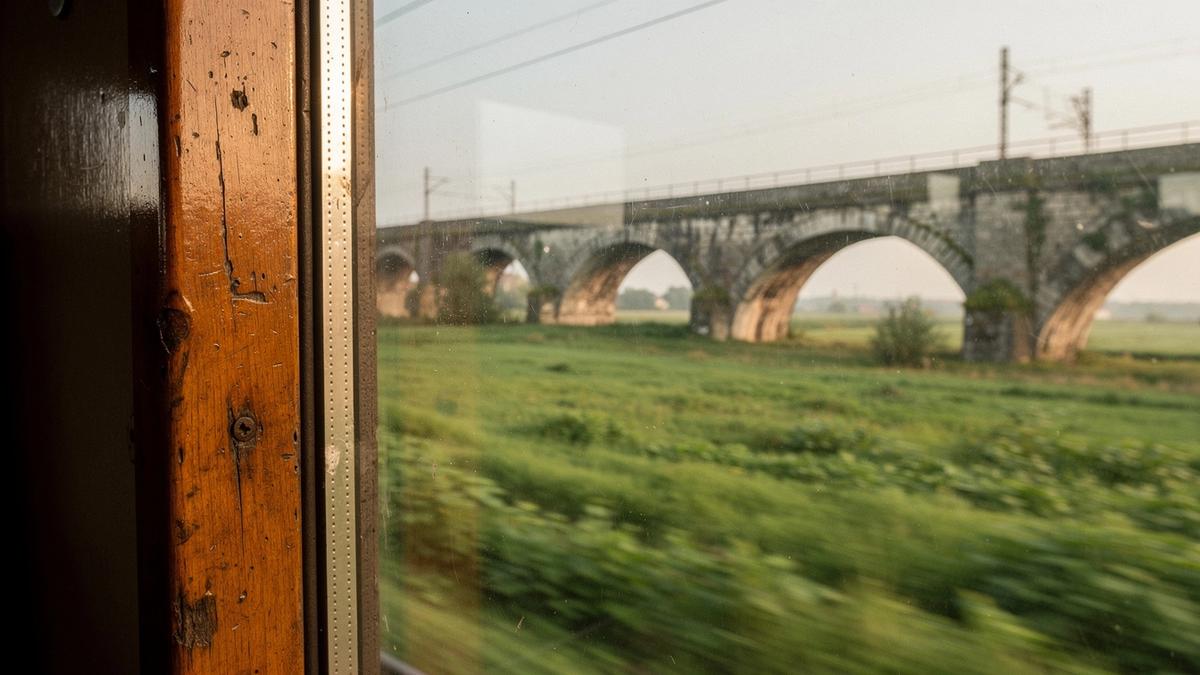 Window view from a regional train crossing a stone viaduct in western Ukraine