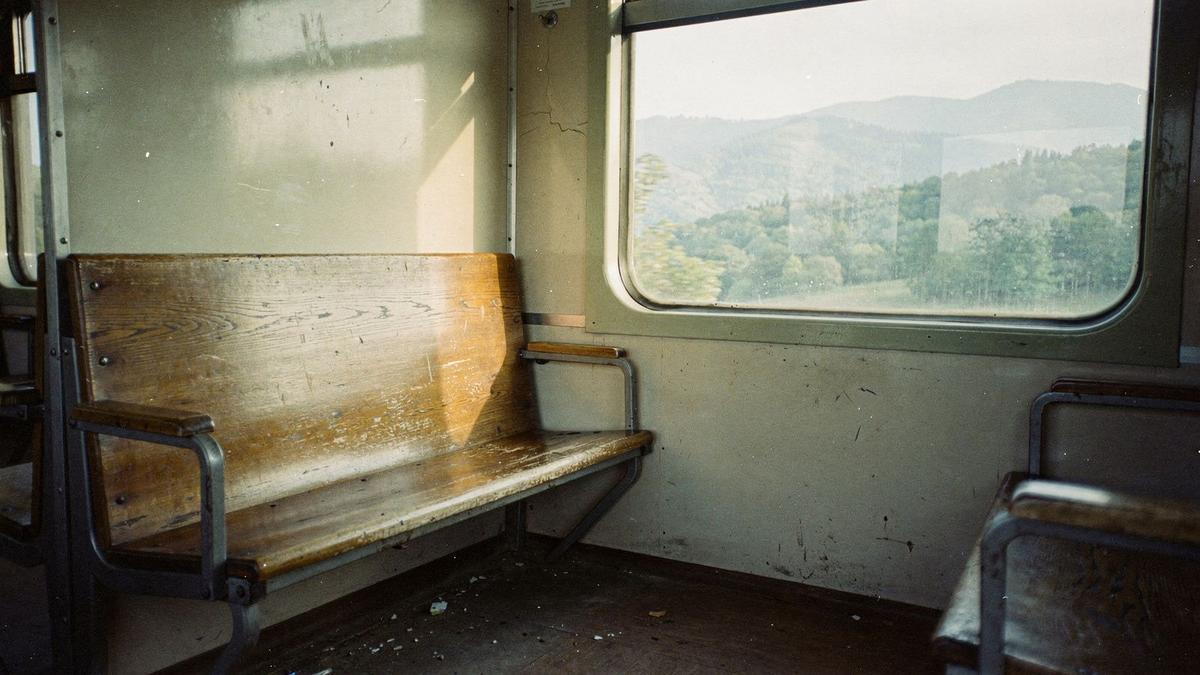 Rail carriage window on the Carpathian line with wooden benches and mountain light